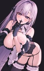 1girl @_@ bare_shoulders bent_over black_bow black_gloves black_panties black_thighhighs blush bow breasts cleavage detached_collar detached_sleeves garter_belt garter_straps gloves hanging highres indie_virtual_youtuber large_breasts long_hair looking_at_viewer navel open_mouth panties purple_eyes purple_hair second-party_source simple_background skydarc_(vtuber) smile solo thighhighs underwear virtual_youtuber waytok white_background wide_sleeves