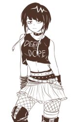 1girl _kyoka audio_jack bare_shoulders belt blunt_ends boku_no_hero_academia boots breasts closed_mouth clothes_writing collar commentary crop_top cropped_shirt diagonal_bangs english_commentary english_text feet_out_of_frame fishnet_pantyhose fishnets frilled_skirt frills greyscale jiro_kyoka linea_alba long_earlobes looking_at_viewer midriff miniskirt monochrome msleilei navel pantyhose shirt short_hair skirt sleeveless sleeveless_shirt solo standing studded_belt studded_collar thigh_boots