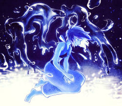 Rule 34 | 1girl, barefoot, blue eyes, blue hair, blue shirt, blue skin, colored skin, full body, hydrokinesis, kneeling, lapis lazuli (steven universe), liquid wings, shirt, short hair, solo, steven universe, tears, water, water drop, water wings, yuza