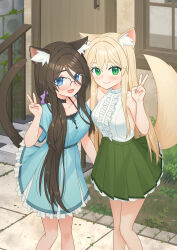 2girls absurdres aina_(mao_lian) animal_ear_fluff animal_ears arm_up black_camisole black_choker blonde_hair blue_dress blue_eyes breasts brown_hair camisole cat_ears cat_girl cat_tail choker collarbone commentary_request door double-parted_bangs dress feet_out_of_frame fox_ears fox_girl fox_tail frilled_dress frilled_shirt frilled_skirt frills front_slit glasses grass green_skirt hair_between_eyes highres large_breasts light_blush long_hair looking_at_viewer mao_lian_(nekokao) multiple_girls open_mouth original outdoors parted_bangs pleated_skirt shirt short_sleeves side_slit skirt sleeveless sleeveless_shirt smile standing stone_walkway tail v very_long_hair white_shirt window
