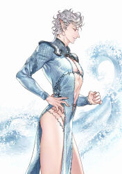 1boy astarion baldur&#039;s_gate baldur&#039;s_gate_3 blue_dress cowboy_shot curly_hair dress dungeons_&amp;_dragons dungeons_&amp;_dragons highres long_sleeves male_focus red_eyes short_hair side_slit solo water white_background wild5lee
