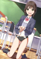 Rule 34 | 1girl, absurdres, black panties, black socks, blazer, board eraser, bow, bow panties, bowtie, brown eyes, brown hair, chair, chalkboard, collared shirt, commentary request, commission, day, desk, diagonal-striped bow, diagonal-striped bowtie, diagonal-striped clothes, dress shirt, dutch angle, embarrassed, full body, grey jacket, grey skirt, highres, indoors, jacket, kneeling, light blush, long sleeves, looking at viewer, negimiso1989, no pants, no shoes, open clothes, open jacket, open mouth, original, own hands together, panties, pink bow, pink bowtie, pixiv commission, pleated skirt, raised inner eyebrows, school chair, school desk, school uniform, shadow, shirt, short hair, skirt, socks, solo, striped clothes, sunlight, underwear, unworn skirt, variant set, white shirt