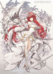 1girl absurdres baiguiyu breasts commentary_request commission covered_navel feathered_wings fingerless_gloves flower full_body gloves hair_intakes hair_ornament high_heels highres lace leotard lily_(flower) long_hair looking_at_viewer medium_breasts nail_polish original pointy_ears red_hair red_nails sample_watermark shoes solo veil very_long_hair very_long_tail watermark white_gloves white_leotard white_shoes white_veil white_wings winged_tail wings