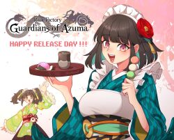 Rule 34 | 2girls, :d, apron, arm up, black hair, blue kimono, blunt bangs, blush, brown hair, colored inner hair, commentary, copyright name, cup, dango, english commentary, flower, food, frilled sleeves, frills, green kimono, hair flower, hair ornament, hands up, highres, holding, holding tray, iroha (rune factory), japanese clothes, kimono, long sleeves, looking at viewer, maid, maid headdress, milkienut, mochi, multicolored hair, multiple girls, obi, open mouth, pink eyes, red flower, red lips, rune factory, rune factory: guardians of azuma, sanshoku dango, sash, short hair, smile, standing, suzu (rune factory), tea, tray, twintails, upper body, w arms, wa maid, wagashi, white apron, wide sleeves, yunomi