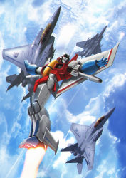 absurdres aircraft airplane arm_cannon cloud cybertron day decepticon f-15 f-15_eagle fighter_jet fleet flying highres insignia mecha military military_vehicle planet realistic robot science_fiction starscream thrusters transformers weapon zhuyukun