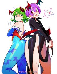 2girls ? animal_print ass ass-to-ass ass_press bat_print black_dress blue_pantyhose breasts closed_mouth collared_dress commentary cosplay costume_switch crossover darkstalkers demon_wings dress english_commentary frown green_eyes green_hair head_wings highres leotard lilith_(darkstalkers) lilith_(darkstalkers)_(cosplay) long_sleeves low_wings medium_hair multiple_girls no_panties one-punch_man open_mouth pantyhose partially_visible_vulva patreon_username pelvic_curtain puff_of_air purple_hair red_eyes red_leotard shaded_face short_hair simple_background small_breasts snegovski strapless strapless_leotard sweat tatsumaki tatsumaki_(cosplay) thighs trait_connection v-shaped_eyebrows wings