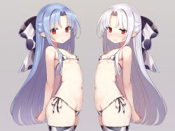 2girls animal_print arms_behind_back ass bikini blue_hair blush bow breasts cow_print empty_eyes from_side grey_background groin hair_bow highres len_(tsukihime) loli long_hair lowleg lowleg_bikini melty_blood micro_bikini multiple_girls navel own_hands_together pointy_ears print_bikini print_legwear red_eyes ribbon side-tie_bikini_bottom silver_hair simple_background small_breasts sweat swimsuit thighhighs tsukihime white_len_(tsukihime) yako