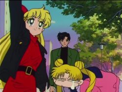 1boy 2girls aino_minako angry animated anime_screenshot bishoujo_senshi_sailor_moon bishoujo_senshi_sailor_moon_supers blue_sleeves casual catfight chiba_mamoru chibi_usa city clenched_hands clenched_teeth competition cone_hair_bun day face-to-face from_behind hair_bun headbutt holding_another&#039;s_arm kino_makoto miniskirt mother_and_daughter multiple_girls pink_skirt running school_uniform skirt socks sound tagme teeth toei_animation tsukino_usagi twintails video walking