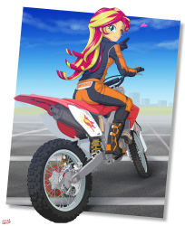 1girl animification ass blowing_kiss boots female_focus gloves green_eyes heart highres honda_crf450x jacket long_hair motocross motor_vehicle motorcycle multicolored_hair my_little_pony my_little_pony:_equestria_girls my_little_pony:_friendship_is_magic one_eye_closed smile solo streaked_hair sunset_shimmer sunset_shimmer_(human) two-tone_hair uotapo wink