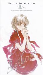 bow breasts brown_eyes brown_hair commentary_request copyright_name cowboy_shot cross cross_print dress dress_bow english_text feathered_wings feathers fingernails haruno_kotori highres kita_e latin_cross looking_at_viewer medium_breasts medium_hair mixed-language_text official_art ooyari_ashito own_hands_clasped own_hands_together parted_lips puffy_short_sleeves puffy_sleeves red_bow red_dress short_sleeves simple_background teeth title wavy_bangs wavy_hair white_background white_feathers white_wings wings wispy_bangs