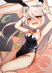 1girl ahoge animal_ears black_leotard blush breasts brown_eyes crescent detached_collar dice embarrassed fake_animal_ears fishnet_pantyhose fishnets highres hoshino_oto kantai_collection kikuzuki_(kancolle) leotard long_hair open_mouth pantyhose pink_background playboy_bunny rabbit_ears rabbit_tail small_breasts smile strapless strapless_leotard tail white_hair wrist_cuffs