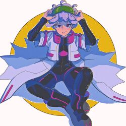 Rule 34 | 1boy, adjusting eyewear, ahoge, bede (pokemon), bede (sygna suit) (pokemon), bodysuit, bodysuit under clothes, coat, green-tinted eyewear, highres, looking at viewer, male focus, nintendo, nkhs arrr, official alternate costume, outline, pokemon, pokemon masters ex, purple eyes, sitting, solo, tinted eyewear, white coat, white outline