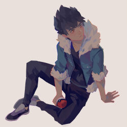 Rule 34 | 1boy, absurdres, arm support, black hair, black pants, black shirt, blue jacket, closed mouth, commentary, creatures (company), dark-skinned male, dark skin, english commentary, fur-trimmed hood, fur-trimmed jacket, fur-trimmed sleeves, fur trim, game freak, grey footwear, highres, holding, holding poke ball, hood, hop (pokemon), jacket, looking to the side, male focus, nintendo, open clothes, open jacket, orange eyes, pants, poke ball, poke ball (basic), pokemon, pokemon swsh, shirt, short hair, simple background, sitting, solo, v-neck, vonnabeee, white background, white fur
