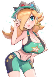 1girl absurdres bikini blonde_hair blue_bikini blue_eyes blush breasts cleavage cleavage_cutout closed_mouth clothing_cutout crown earrings gonzarez hair_over_one_eye hat highres jewelry large_breasts looking_at_viewer mario_(series) mario_kart mario_kart_world midriff navel nintendo panty_straps ponytail rosalina rosalina_(pro_racer) shorts smile solo star_(symbol) star_earrings stomach swimsuit tankini underwear