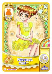 1girl artist_request bare_arms bare_legs bare_shoulders border brown_eyes brown_hair card_(medium) casual closed_mouth clover_hair_ornament collarbone commentary_request dokidoki!_precure dot_nose double_bun dress eyelashes fashion feet_out_of_frame fish four-leaf_clover_hair_ornament frilled_dress frills green_background hair_bun hair_ornament hand_on_hand hands_on_lap invisible_chair light_blush official_alternate_costume official_art own_hands_together precure ringlets seahorse second-party_source short_dress short_hair sitting sleeveless sleeveless_dress smile solo square_neckline tareme translation_request two-tone_background white_border yellow_background yellow_dress yotsuba_alice