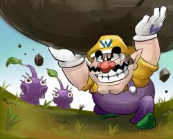 1boy arms_up big_nose black_eyes blue_eyeshadow blue_sky brown_hair buttons newsboy_cap colored_skin crossover day double_chin eyeshadow facial_hair fat fat_man full_body gloves grass green_footwear grin hands_on_own_cheeks hands_on_own_face hat holding holding_rock leaf makeup male_focus mario_(series) mustache nintendo no_mouth open_mouth outdoors overalls oversized_object pikmin_(creature) pikmin_(series) pointy_ears pointy_footwear purple_hair purple_overalls purple_pikmin purple_skin rock shirt shoes short_hair short_sleeves sky smile t-shirt thick_eyebrows v-shaped_eyebrows very_short_hair wario wario_land white_gloves yamato_koara yellow_headwear yellow_shirt yellow_sleeves