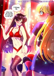 Rule 34 | 2girls, aino minako, artist name, bishoujo senshi sailor moon, black hair, black shirt, black thighhighs, blonde hair, blue eyes, blush, bow, bra, breasts, cherry in the sun, cleavage, commentary, earrings, embarrassed, english commentary, english text, fishnet thighhighs, fishnets, hair bow, hino rei, jewelry, long hair, multiple girls, navel, panties, purple eyes, red bow, red bra, red panties, shirt, skirt, small breasts, speech bubble, thighhighs, underwear, watermark, web address, yuri