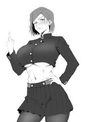 Rule 34 | 1girl, absurdres, breasts, commentary, cowboy shot, cropped shirt, fingernails, greyscale, hand on own hip, high collar, highres, huge breasts, jujutsu kaisen, kugisaki nobara, middle finger, midriff, monochrome, navel, pantyhose, pleated skirt, ranhatu, short hair, simple background, skirt, solo, underboob, white background