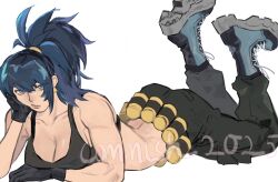 1girl 277yen blue_eyes blue_hair boots breasts cleavage earrings female_focus gloves highres jewelry large_breasts leather legs_up leona_heidern long_hair looking_at_viewer lying military on_stomach pale_skin pants ponytail shoes syl tank_top the_king_of_fighters thighs top-down_bottom-up