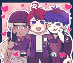 Rule 34 | bisexual male, black border, blue eyes, blue hair, blush, border, bridge piercing, brown eyes, closed mouth, collar, dark-skinned female, dark skin, earrings, face piercing, heart, highres, holding hands, jewelry, kawana tsubasa, lip piercing, necklace, omokage yugamu, open mouth, piercing, red hair, simple background, sumino takumi, teeth, the hundred line -last defense academy-, tongue, upper teeth only