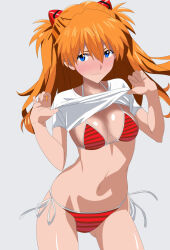 1girl arms_behind_back bare_shoulders bikini bikini_under_clothes blue_eyes breasts clothes_lift jaaaan legs_apart long_hair medium_breasts micro_bikini micro_shorts navel neon_genesis_evangelion open_clothes orange_hair red_bikini shiny_skin shirt_lift shorts simple_background smile solo souryuu_asuka_langley standing stomach striped_bikini striped_clothes swimsuit thighs thong thong_bikini two_side_up undressing