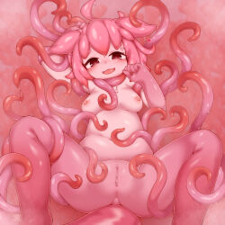 1girl absurdres anus breasts commentary_request completely_nude highres looking_at_viewer medium_breasts monster_girl nipples nude open_mouth original pink_hair pussy pussy_juice red_eyes solo spread_legs sudumenooyado tentacles variant_set
