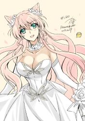 1girl bouquet breasts bride cleavage dress elbow_gloves flower gloves green_eyes hair_ornament highres holding holding_bouquet kanna_(plum) large_breasts long_hair looking_at_viewer maria_cadenzavna_eve open_mouth pink_hair senki_zesshou_symphogear solo wedding_dress white_dress white_gloves