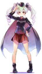 Rule 34 | 10s, 1girl, alternate costume, anchovy (girls und panzer), ankle boots, bad id, bad tumblr id, black boots, black hat, black jacket, black socks, boots, cape, closed mouth, dress shirt, drill hair, female focus, full body, garrison cap, girls und panzer, green hair, hand on own hip, hat, highres, jacket, kerorira, kuromorimine military uniform, long hair, long sleeves, looking at viewer, military, military hat, military uniform, miniskirt, pleated skirt, red eyes, red shirt, red skirt, salute, shirt, simple background, skirt, smile, socks, solo, standing, twin drills, twintails, white background