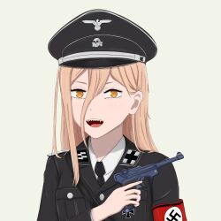 1girl absurdres alternate_costume armband black_hat black_necktie breast_pocket buttons chainsaw_man collar_tabs collared_shirt commentary cross dress_shirt gun hair_behind_ear hair_between_eyes handgun hat highres holding holding_gun holding_weapon iron_cross jacket lapels light_brown_hair long_hair long_sleeves looking_at_viewer luger_p08 military military_dress_uniform military_hat military_jacket military_uniform nazi necktie open_mouth orange_eyes pan_deazucar peaked_cap pocket power_(chainsaw_man) red_armband reichsadler sharp_teeth shirt siegrunen simple_background skull_and_crossbones solo ss_insignia swastika teeth totenkopf upper_body upper_teeth_only waffen-ss weapon white_background white_shirt