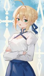 1girl ahoge artoria_pendragon_(fate) blonde_hair blue_ribbon braid braided_bun breasts cleavage cleavage_cutout clothing_cutout collared_dress danraz0r dress fate/stay_night fate_(series) green_eyes hair_bun highres looking_at_viewer open_mouth pleated_dress ribbon saber_(fate) sidelocks small_breasts