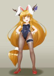 1girl absurdres alternate_costume animal_ears black_leotard blunt_bangs blush bow brown_eyes brown_hair brown_horns brown_pantyhose commentary_request fake_animal_ears fingernails full_body grey_background hands_on_own_hips high_heels highres horn_bow horn_ornament horns ibuki_suika kurohiba leotard long_hair looking_at_viewer low-tied_long_hair open_mouth pantyhose playboy_bunny purple_bow rabbit_ears red_nails red_shoes shoes sidelocks smile solo standing strapless strapless_leotard thigh_strap touhou v-shaped_eyebrows variant_set very_long_hair wrist_cuffs