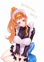 1girl absurdres apron arm_support back_ribbon black_dress blue_ribbon breasts brown_eyes closed_mouth dress earrings frilled_apron frilled_hairband frills hair_ribbon hairband head_tilt high_ponytail highres jewelry large_breasts long_hair long_sleeves looking_at_viewer maid maid_apron maid_headdress nami_(one_piece) necklace official_alternate_costume official_alternate_hairstyle one_piece orange_hair ponytail ribbon sc_scandium simple_background single_sidelock sitting solo tears turtleneck turtleneck_dress wavy_hair white_apron white_background white_hairband yokozuwari