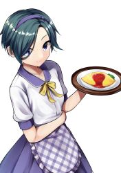 1girl apron aqua_hair arm_under_breasts blue_eyes bow bowtie buttons commentary eyebrows_hidden_by_hair food frilled_apron frills from_above hairband hand_up highres holding holding_tray ketchup koshiji_miho looking_at_viewer omelet omurice plaid_apron plaid_clothes purple_hairband purple_skirt sanoba_witch sesen2000 shirt short_hair short_sleeves simple_background skirt solo tray upturned_eyes waist_apron waitress white_background white_shirt yellow_bow yellow_bowtie