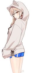 1girl :i animal_hood blue_shorts blush brown_eyes brown_hair brown_hoodie crossed_bangs ears_through_headwear gym_shorts highres hololive hololive_english hood hood_up hoodie long_hair long_sleeves looking_at_viewer miya_(sleepmiya) multicolored_hair nanashi_mumei nanashi_mumei_(casual) official_alternate_costume oversized_clothes short_shorts shorts sleeves_past_wrists streaked_hair virtual_youtuber wide_sleeves