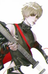 Rule 34 | 1boy, absurdres, axis powers hetalia, belt collar, black nails, blonde hair, collar, earrings, electric guitar, eyeliner, green eyes, guitar, highres, holding, holding guitar, holding instrument, instrument, jewelry, makeup, male focus, mouth hold, multicolored hair, music, playing guitar, playing instrument, plectrum, plectrum in mouth, shirt, short hair, simple background, solo, thick eyebrows, united kingdom (hetalia), upper body, wafen juemu, white background