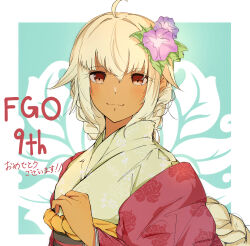 Rule 34 | 1girl, absurdres, ahoge, alternate costume, anniversary, border, braid, braided ponytail, brown eyes, closed mouth, commentary, dark-skinned female, dark skin, fate/grand order, fate (series), floral print, floral print kimono, flower, grey (wistaria888), hair between eyes, hair flower, hair ornament, highres, japanese clothes, kimono, lakshmibai (fate), light blush, long hair, print kimono, smile, solo, translation request, white border, white hair, yukata