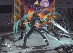 1990s_(style) 6+boys antoine_retaureau armor back battle bisected black_hair blood blouse boots cable car city clock colored_skin dagger death epic final_fantasy final_fantasy_viii fingerless_gloves fire full_moon gloves gun gunblade guro helmet highres holding holding_sword holding_weapon hotel ifrit jacket jewelry jumping kicking knife legs_apart male_focus md5_mismatch military monster moon motor_vehicle multiple_boys necklace on_car on_vehicle outdoors resized resolution_mismatch retro_artstyle rifle running scar seifer_almasy shell_casing shiroifushicho shirt short_hair smoke soldier source_smaller squall_leonhart standing sword topless_male torn_clothes town trash_can uniform upscaled weapon white_shirt zell_dincht