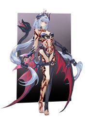1girl absurdres blue_hair breasts castorice_(honkai:_star_rail) circlet claw_ring commentary_request crotch_plate dark_persona demon_girl demon_horns demon_tail demon_wings elbow_gloves full-body_tattoo full_body gloves grin highres honkai:_star_rail honkai_(series) horns large_variant_set long_hair looking_at_viewer low_wings medium_breasts paid_reward_available pointy_ears red_eyes shen_hai_ichigo single_elbow_glove single_thighhigh smile solo stirrup_legwear tail tattoo thighhighs toeless_legwear variant_set very_long_hair wings