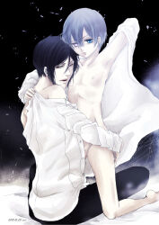 age_difference armpits artist_request bare_legs barefoot black_hair black_suit bottomless butler ciel_phantomhive earrings feet formal_clothes grey_hair jewelry kneeling kuroshitsuji legs male male_focus medium_hair pajamas sebastian_michaelis short_hair shota skinny square_enix suit testicles yaoi