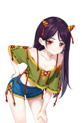 1girl blue_shorts breasts brown_hair chunjiu cleavage closed_mouth collarbone commentary cone_horns cross-laced_clothes cross-laced_pants cross-laced_top green_shirt highres horns leaning long_hair looking_at_viewer midriff navel nippaku_zanmu red_eyes shirt short_sleeves shorts simple_background smile solo touhou very_long_hair white_background yellow_horns