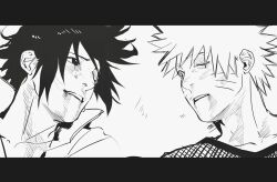 2boys bruise bruise_on_face bruised_eye crying eye_contact facial_mark fishnet_top fishnets greyscale hair_behind_ear highres injury letterboxed light_smile looking_at_another lying male_focus monochrome multiple_boys naruto_(series) naruto_shippuuden on_back parted_lips popped_collar short_hair spiked_hair tears tinh_daubuoi uchiha_sasuke upper_body uzumaki_naruto whisker_markings