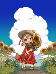 1girl :d animal_ears bare_shoulders blue_sandals blue_sky blush_stickers brown_hair brown_hat cloud collarbone commentary day dog_ears dog_girl dog_tail double-parted_bangs dress fangs field flower flower_field full_body grass grey_eyes hair_ornament hairclip hat highres holding holding_flower long_hair looking_at_viewer mamehinata notamaru_2 open_mouth outdoors red_dress sandals short_sleeves skin_fangs sky smile solo standing summer sun_hat sunflower sunflower_field tail vrchat yellow_flower