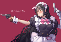 1girl akiba_maid_sensou animal_ears apron asymmetrical_dual_wielding black_hair bow braid breasts dual_wielding fake_animal_ears folks_(nabokof) gloves gun hair_between_eyes handgun holding holding_gun holding_weapon long_hair maid maid_apron maid_headdress medium_breasts pink_bow pistol puffy_short_sleeves puffy_sleeves red_background revolver short_sleeves single_glove tales_of_(series) tales_of_berseria velvet_crowe very_long_hair weapon white_gloves wrist_cuffs yellow_eyes
