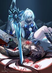 1boy 1girl black_footwear black_gloves black_hair black_jacket blade_(honkai:_star_rail) blindfold blue_background blue_dress closed_eyes commentary detached_collar dress feet_out_of_frame flower gloves gold_trim gradient_background grey_pants highres holding holding_sword holding_weapon honkai:_star_rail honkai_(series) jacket jingliu_(honkai:_star_rail) knees_up kukatsuma long_hair lying on_back pants ponytail red_background shirt sitting sleeveless sleeveless_dress spider_lily sword two-tone_background weapon white_hair yellow_shirt