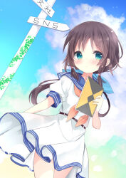 1girl belt blue_eyes blue_sailor_collar brown_hair closed_mouth clothes_lift cloud day female_focus highres holding holding_sketchbook honda_tamaki kouda_suzu long_hair outdoors sailor_collar school_uniform serafuku shirt short_sleeves signpost sketchbook skirt skirt_lift sky smile solo standing stella_no_mahou
