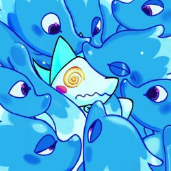 6+girls @_@ animal_ears blush_stickers cat_ears cat_girl commentary deltarune english_commentary freaky_frohicky furry furry_female half-closed_eyes highres meme miss_mizzle monster_girl multiple_girls purple_eyes single_blush_sticker slime_girl sonic_surrounded_by_amy_plush_dolls_(meme) tasque_manager water yellow_eyes