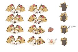 2boys animal_ears bara beard claws clenched_teeth closed_eyes commentary_request english_text facial_hair fangs fingerless_gloves french_kiss furry furry_male gloves green_eyes highres holding_hands kiss looking_at_another multiple_boys multiple_views open_mouth profile relax_lion selfcest taketora_(yasha) teeth thick_eyebrows tiger_boy tiger_ears tiger_stripes tongue tongue_out translation_request upper_body white_background yasha_legends_of_the_demon_blade yellow_fur