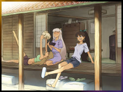 00s 3girls ahoge black_hair blonde_hair blue_eyes blush border bowl breasts carrying chopsticks closed_eyes denim denim_shorts earrings flip-flops ganaha_hibiki green_eyes hairband hoshii_miki idolmaster idolmaster_(classic) idolmaster_sp inu_(aerodog) japanese_veranda jewelry lap lap_pillow long_hair multiple_girls navel nonowa ponytail porch sandals shiisaa shijou_takane shorts silver_hair skirt slice_of_life smile statue summer teeth veranda
