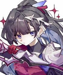 Rule 34 | 1girl, black hair, gloves, holding, honkai: star rail, honkai (series), hysilens (honkai: star rail), long hair, looking at viewer, nekooooowo, official alternate costume, purple eyes, red gloves, simple background, solo, upper body, white background