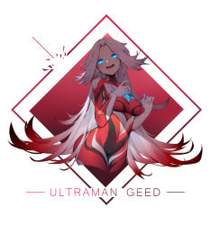 1girl absurdres blue_eyes bodysuit breasts cameltoe character_name eigo_ichii fang gem gender_request genderswap glowing glowing_eyes groin highres long_hair navel open_mouth red_hair silver_hair solo standing ultra_series ultraman ultraman_geed ultraman_geed_(series) very_long_hair